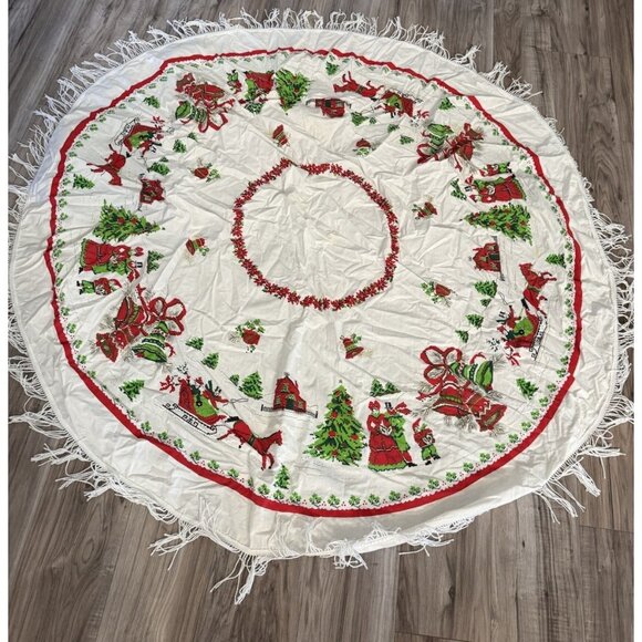 VTG MCM Christmas Tablecloth Round Fringed Santa Trees Bells Holiday Table Read - Picture 1 of 12